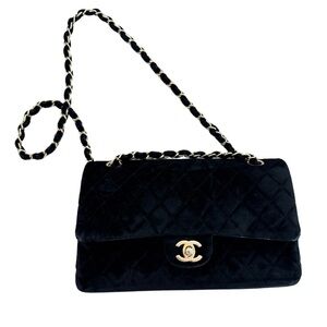 Chanel Medium Classic Double Flap Bag Black Velvet Chrome Silver Hardware